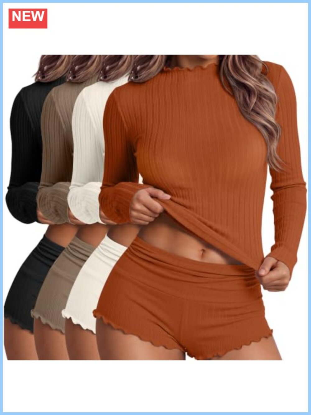Women's Mock Turtleneck Ribbed Long Sleeve Tops 4 Pack Slim Fit Lettuce Trim